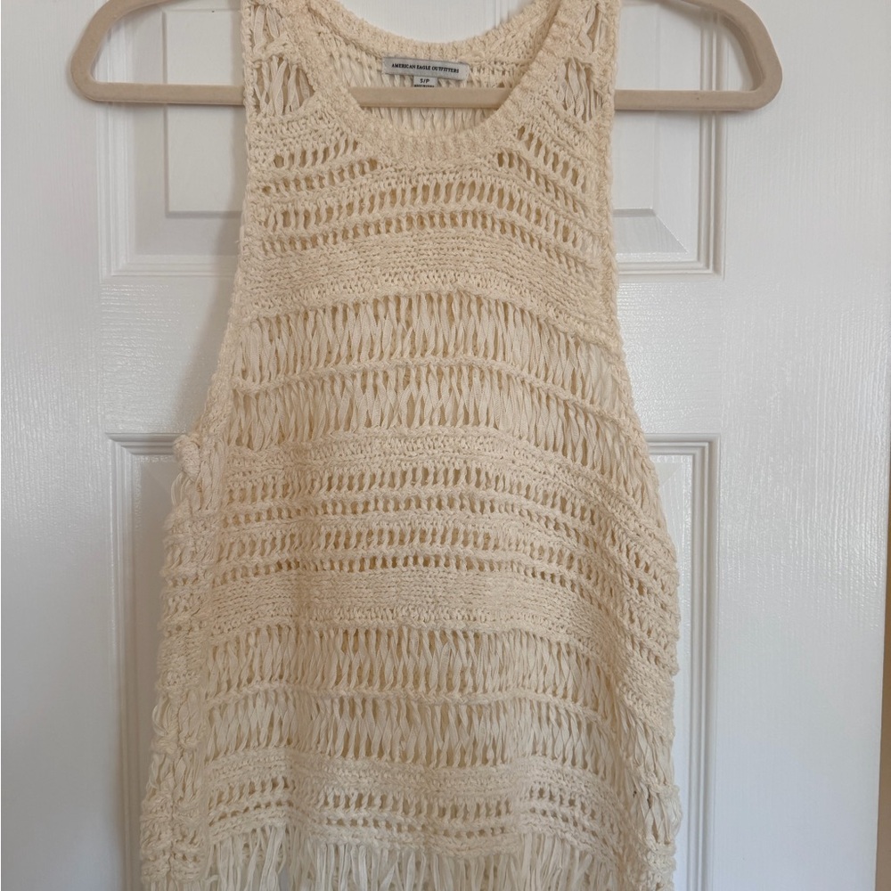 American Eagle Outfitters Crochet Open-Knit Fringe Tank in Cream